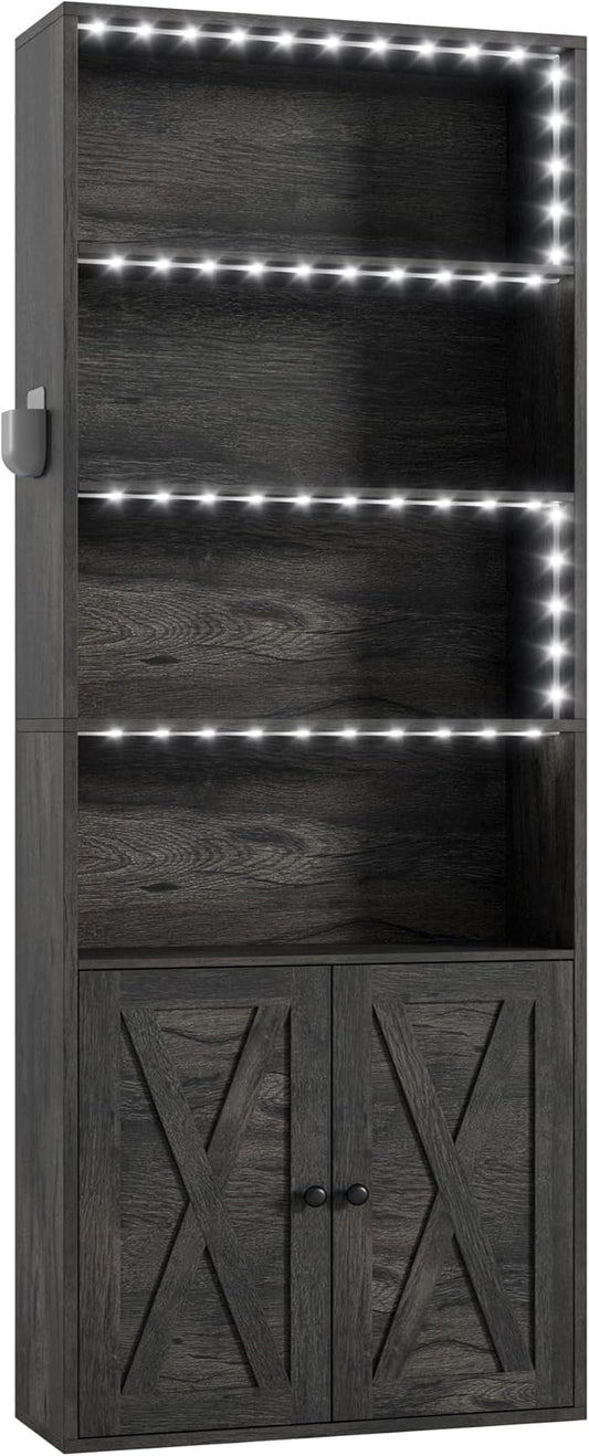 IRONCK Tall Bookcase with LED Lights, 70 in Industrial Bookshelves and Bookcases with Doors, 6 Shelf Display Storage Shelves Floor Standing for Home Office, Living Room, Bedroom