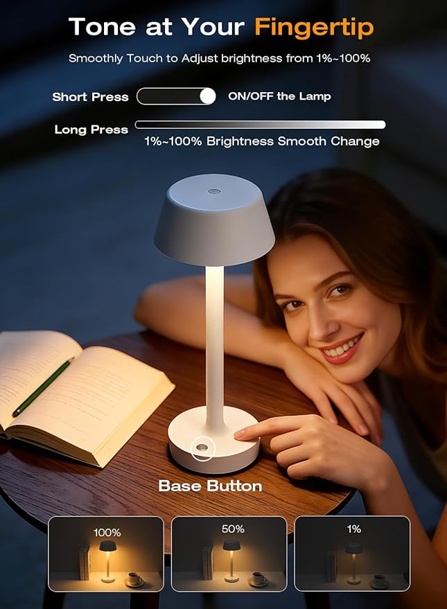 Cordless Rechargeable Table Lamp with Power Charger,Portable Touch LED Desk Lamp,5000mAh Battery Operated,2700K-5700K Tunable Dimmable for Bedroom,Outdoor Camping Bedside,White