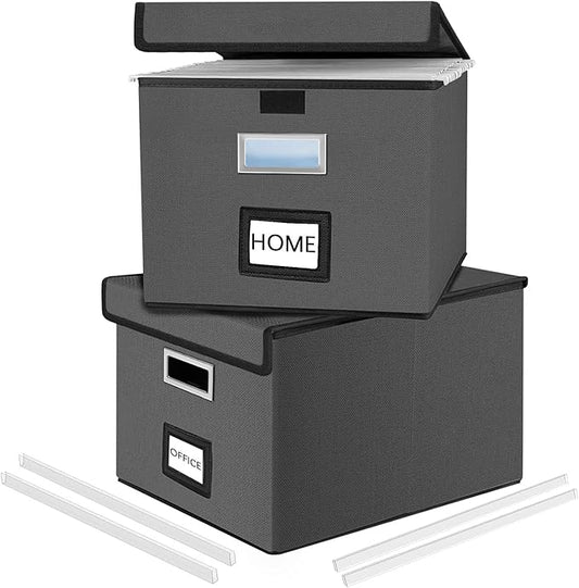 Huolewa File Organizer Boxes with Lids, Linen Office Document Storage Boxes, Filing Boxes, Decorative Small File Boxes for Hanging Files with Plastic Slide for Office/Cabinet/Decor/Home