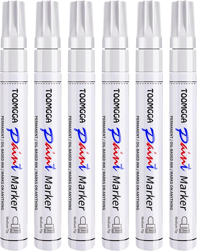 White Paint Pens Permanent Paint Markers - 6 Pack Oil Based Marking Pens, Medium Point, Quick Drying and Waterproof Pens for Rock Painting Car Tyre Metal, Plastic, Canvas, Wood