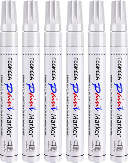 White Paint Pens Permanent Paint Markers - 6 Pack Oil Based Marking Pens, Medium Point, Quick Drying and Waterproof Pens for Rock Painting Car Tyre Metal, Plastic, Canvas, Wood
