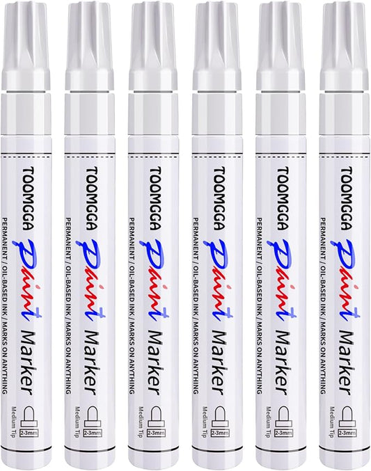 White Paint Pens Permanent Paint Markers - 6 Pack Oil Based Marking Pens, Medium Point, Quick Drying and Waterproof Pens for Rock Painting Car Tyre Metal, Plastic, Canvas, Wood