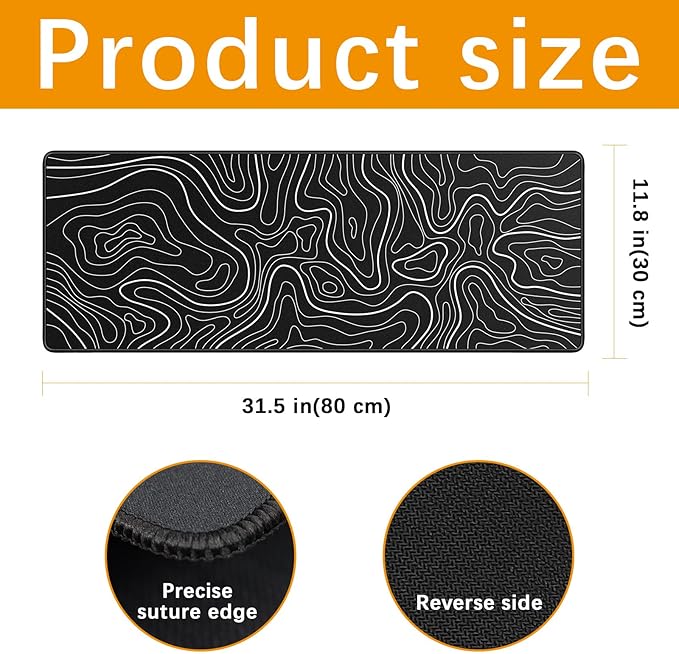 3 Pcs Large Gaming Mouse Pad 31.5 x 11.8in,Anti-Slip Rubber Base Mousepad, XL Keyboard Mouse Mat for Home/Office, Black with White Topographic Line