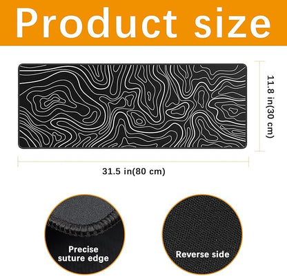 3 Pcs Large Gaming Mouse Pad 31.5 x 11.8in,Anti-Slip Rubber Base Mousepad, XL Keyboard Mouse Mat for Home/Office, Black with White Topographic Line