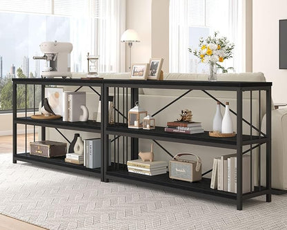 IBF Low Horizontal Book Shelf, Industrial Modern 3 Tier Bookshelf, Farmhouse Short Open Storage Organizer Long Shelf, Simple Wide Wood Metal Sturdy Etagere for Bedroom Living Room, Black Oak, 47 in