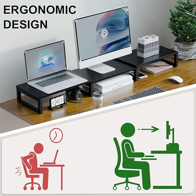 TEAMIX Dual Monitor Stand Riser for 2 Monitors, Wood & Metal Stand Adjustable Length/Angle Shelf Triple Monitor Stand for Screens/PCs/Printers/Laptops Desktop Organizer