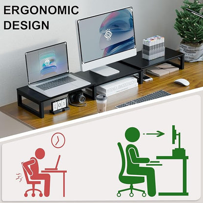 TEAMIX Dual Monitor Stand Riser for 2 Monitors, Wood & Metal Stand Adjustable Length/Angle Shelf Triple Monitor Stand for Screens/PCs/Printers/Laptops Desktop Organizer