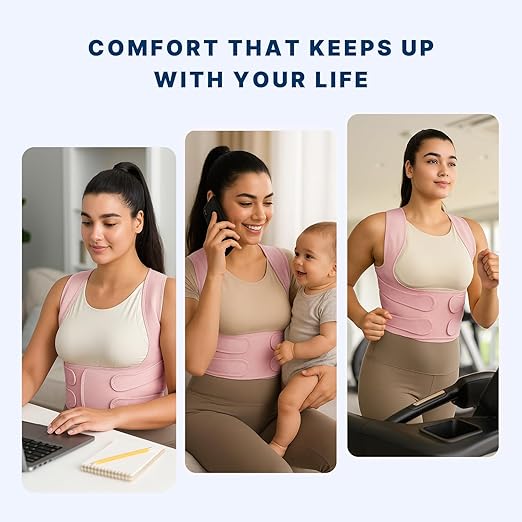Fit Geno Back Brace and Adjustable Posture Corrector And Trainer for Women and Men, Back Straightener, Scoliosis and Hunchback Correction, Back Pain, Spine Support, Pink, Medium (Waist 34-41 Inch)