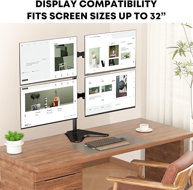PUTORSEN Quad Monitor Stand, 4 Monitor Mount for 13 to 32 inch Screens, Holds up to 19.8lbs Each, Fully Adjustable, Black