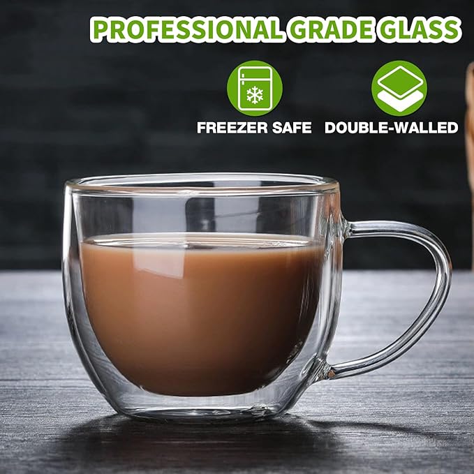 Double Walled Glass Coffee Mugs Set of 2, 8 oz Hand Blown Insulated mugs with Handle, Clear Coffee Mugs for Cappuccino, Latte, Espresso, Americano, Tea Bag, Beverage Glasses Heat Resistant Coffee Cups