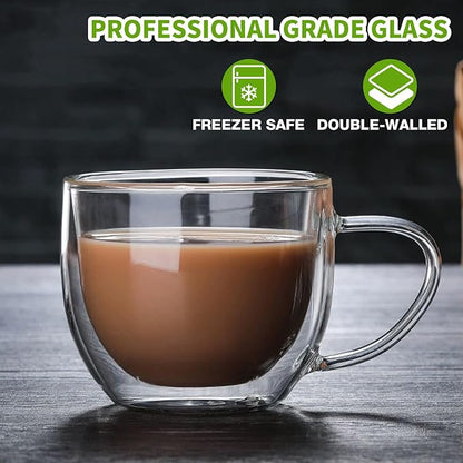 Double Walled Glass Coffee Mugs Set of 2, 8 oz Hand Blown Insulated mugs with Handle, Clear Coffee Mugs for Cappuccino, Latte, Espresso, Americano, Tea Bag, Beverage Glasses Heat Resistant Coffee Cups