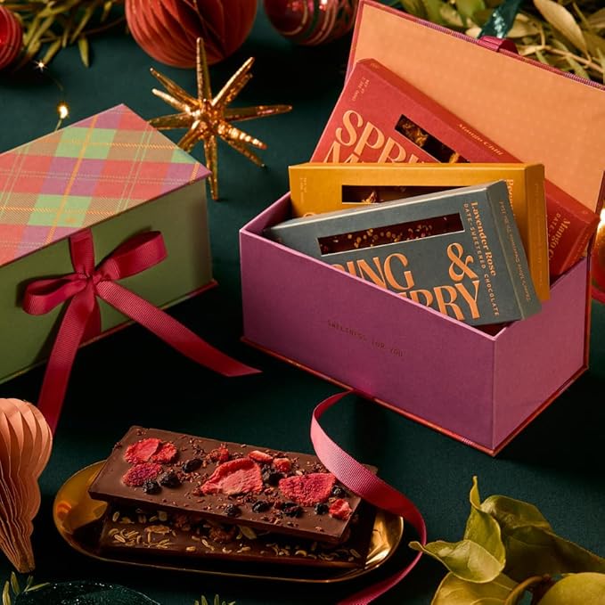 Spring & Mulberry Healthy Dark Chocolate Bars Sugar Free - Date Sweetened Chocolate Gift Box - Healthy Bars, Gluten Free & Vegan - All Bar Holiday Chocolates Gift Set