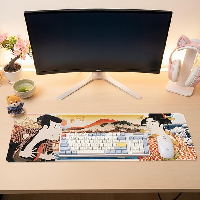 BELLEMOND Japanese Art Desk Mat | Large 31.5x11.8in Desk Pad | Mouse Pad for Keyboard & Mouse | Non-Slip Base, Water-Repellent, Smooth Precision | Edo Lovers