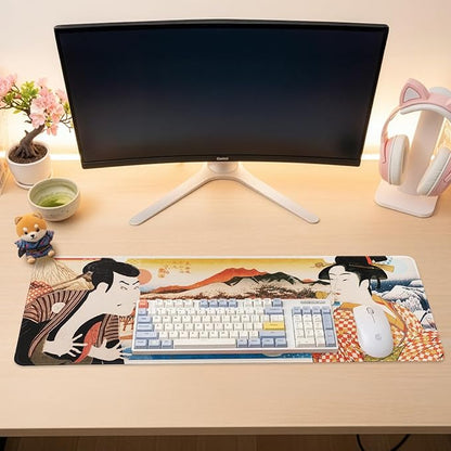 BELLEMOND Japanese Art Desk Mat | Large 31.5x11.8in Desk Pad | Mouse Pad for Keyboard & Mouse | Non-Slip Base, Water-Repellent, Smooth Precision | Edo Lovers