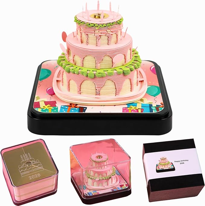 3D Time Piece Calendar 2026 DIY Calendars Tear Away Carving Art 3D Memo Pad Calendar With LED Lights sculpture artsy pads calendar notepad for Desktop Decor-Happy Birthday