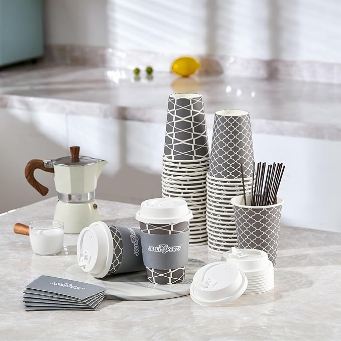 JOLLY PARTY [100 Sets] 12 oz Paper Coffee Cups, Disposable Coffee Cups with Lids, Sleeves and Straws, Hot Cold Beverage Drinking Cup for Water, Coffee or Tea, To-Go Cup Suitable for Office and Travel