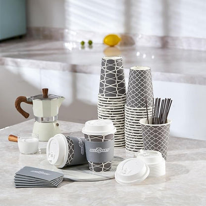 JOLLY PARTY [100 Sets] 12 oz Paper Coffee Cups, Disposable Coffee Cups with Lids, Sleeves and Straws, Hot Cold Beverage Drinking Cup for Water, Coffee or Tea, To-Go Cup Suitable for Office and Travel
