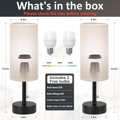 Fenmzee Bedside Table Lamps Set of 2-3 Color Temperatures Pull Chain Lamp with AC Outlet Charging Port, Round Night Stand Lamps for Bedroom Guest Room Office, Small Bed Side Light with E26 LED Bulbs