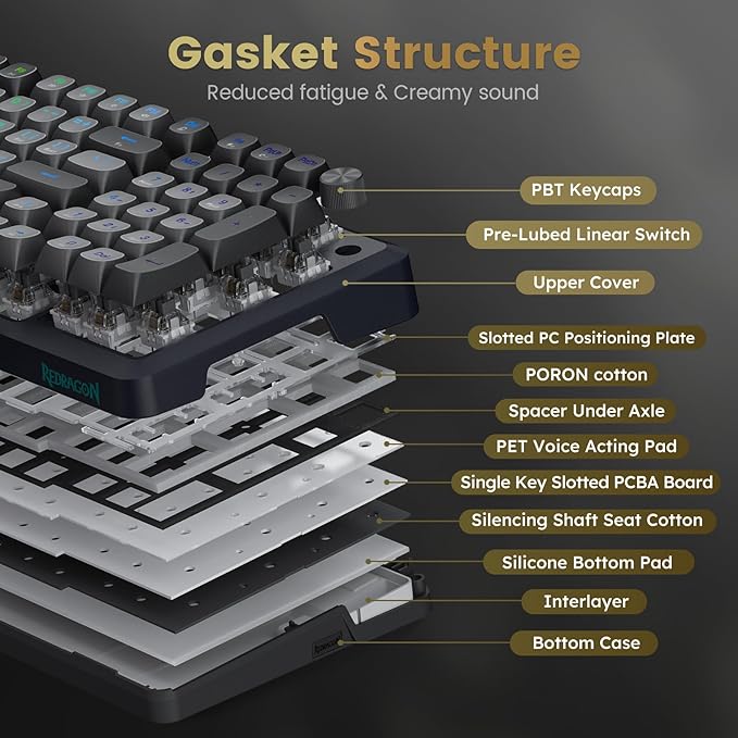 Redragon Wireless Mechanical Keyboard, 3 Mode Gasket Mounted RGB Gaming Keyboard with Volume Knob, Pre-Lubed Linear Switches, MDA-Profile, 98 Keys Hot Swappable Creamy Keyboard for PC/Tablet/Xbox/PS4