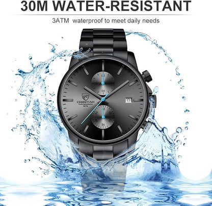 GOLDEN HOUR Fashion Business Mens Watches with Stainless Steel Waterproof Chronograph Quartz Watch for Men, Auto Date