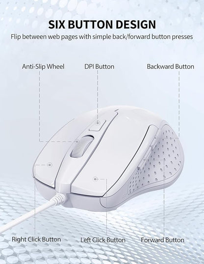 TECKNET USB Wired Mouse, 6-Button Corded Mouse with 4 Adjustable DPI, Optical Computer Mouse with Ergonomic Design and 5FT Cord for Laptop, Chromebook, PC, Desktop, Mac, Notebook-LT.White