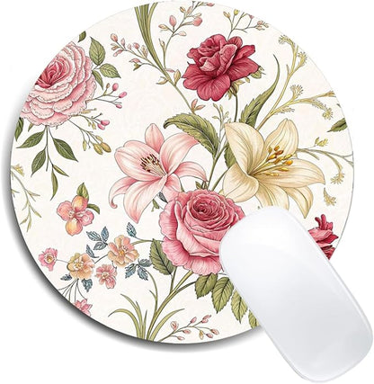 Floral Array with Roses and Lilies Mouse Pad Round Non-Slip Rubber Mousepad Laptop Office Computer Decor Cute Desk Accessories Customized Design Mouse Pad