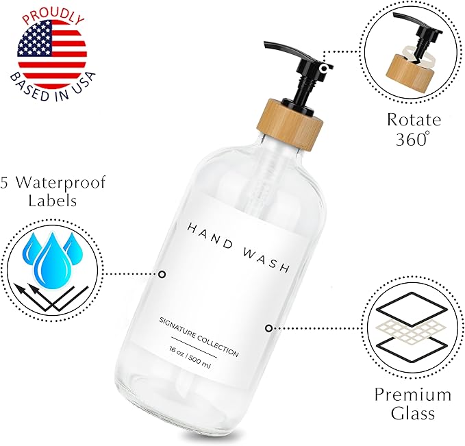 Emerson Essentials Soap Dispenser, Dish Soap Dispenser for kitchen, Hand Soap Dispenser Bathroom, Kitchen Soap Dispenser Set | Glass Hand Soap and Lotion Set for Bathroom, 16 Oz, Bamboo Tray, Set of 2