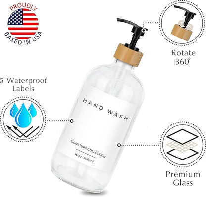 Emerson Essentials Soap Dispenser, Dish Soap Dispenser for kitchen, Hand Soap Dispenser Bathroom, Kitchen Soap Dispenser Set | Glass Hand Soap and Lotion Set for Bathroom, 16 Oz, Bamboo Tray, Set of 2