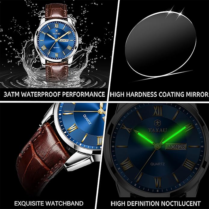 Men's Watch Big Face Easy Read Arabic Numeral Dress Watches for Men Classic Black Brown Leather Band Analog Mens Wrist Watch with Day and Date Fashion Business Waterproof Luminous Quartz Watch