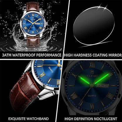 Men's Watch Big Face Easy Read Arabic Numeral Dress Watches for Men Classic Black Brown Leather Band Analog Mens Wrist Watch with Day and Date Fashion Business Waterproof Luminous Quartz Watch