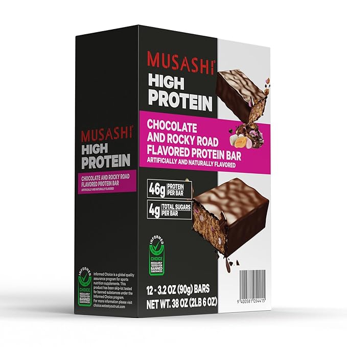MUSASHI High Protein Bar, 46g Protein, 4g Total Sugars, Rocky Road, Post Workout and Protein Snack On The Go, 12 Pack of 3.2oz (90g) Bars