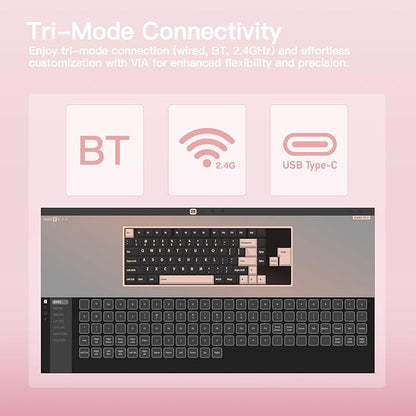 KEEBMONKEY WOBKEY Rainy 75 CNC Aluminum HMX/JWK/Cocoa Switches Triple-Mode Connectivity Mechanical Keyboard with Superior Acoustics, RGB/PP/Mirrored Glass/3500mAh/Violet Switch (Standard - Pink)