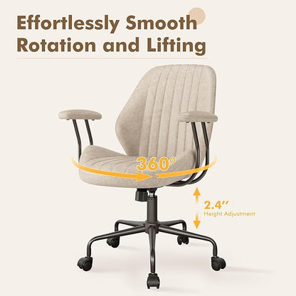 Mid Back Office Chair Mid Century Modern Executive Chair,Lumbar Support Ergonomic Home Office Desk Chair,Rolling Swivel Task Chair Task Chair Armrests Height Adjustable,350lbs (Beige)