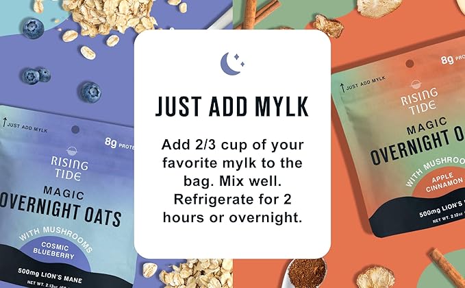 Mushroom Overnight Oats Variety Pack (8 Pack) – Superfood Lions Mane Mushroom, Chia & Flax Seed - Organic Protein Oatmeal - High Fiber, Vegan, Gluten Free, Low Sugar - Easy Prep Plant Protein - Apple Cinnamon & Blueberry