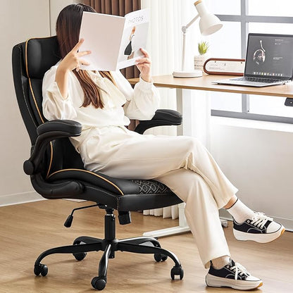 Leather Executive Office Chair, Computer Desk Chair with Lumbar Support, Comfortable Home Office Chairs 400lbs with Padded Flip-up Armrests, Height Adjustable, Tilting Function, Black