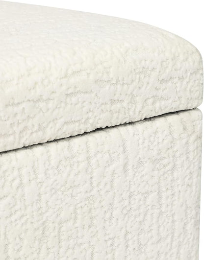 Adeco 18 Inch High Faux Fur White Cube Ottoman Storage, 3D Embossed Velvet Chair Foot Stools, Upholstered Vanity Stool with Hinged Lid, Solid Wood Legs