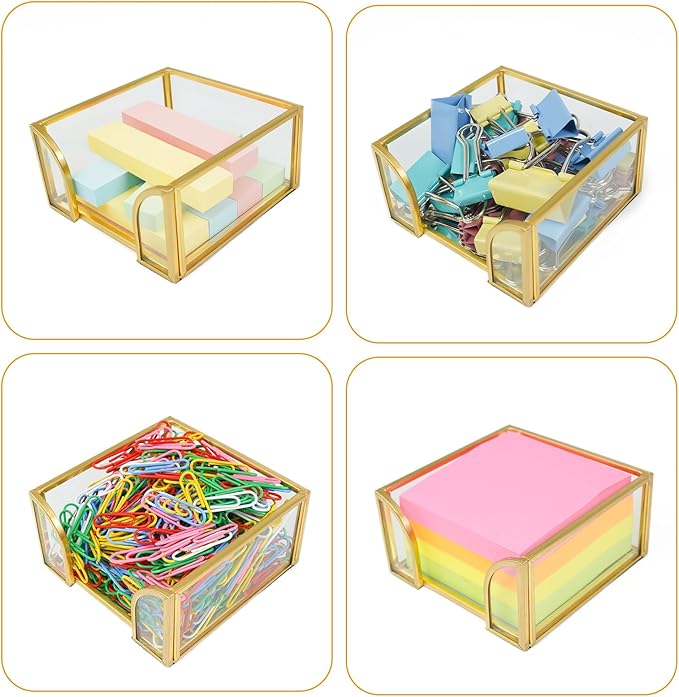 Sticky Note Holder Glass Post It Note Dispenser, 3 x 3 Inch Gold Sticky Note Dispenser, Stylish Post It Holder for Desk Home Office Decor