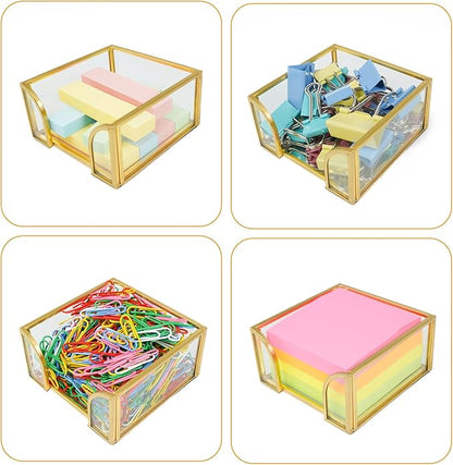 Sticky Note Holder Glass Post It Note Dispenser, 3 x 3 Inch Gold Sticky Note Dispenser, Stylish Post It Holder for Desk Home Office Decor