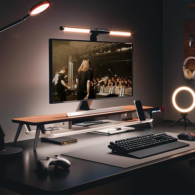 Fenge Dual Monitor Stand for Desk, 2 Tiers Monitor Riser with Acrylic Shelf, 42.5 Inch Wood and Aluminum Desk Shelf with Phone and Tablet Holder
