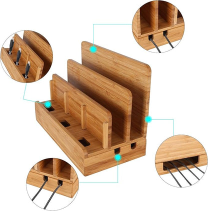 Bamboo Wood Multi-Device Desktop Charging Dock Station Charger Holder Cradle Stand Compatible for iPhone 16 15 14 13 12 11 Pro Max iPad mini Pro Air Laptop Tablets Samsung LG Sony Smartphones