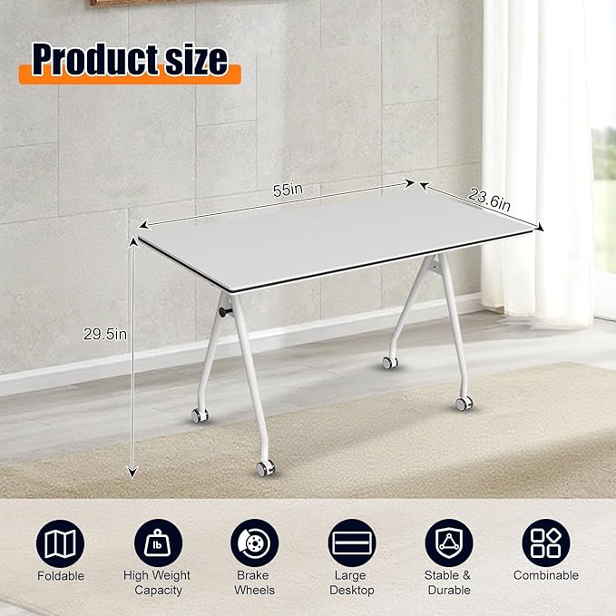 Folding Conference Table, Rectangular Conference Room Tables, Mobile Modular Training Table, Solid Steel Frame,Thickened Panel,for Offices,Meeting Room,Offices andSchools (8, White, 55in)
