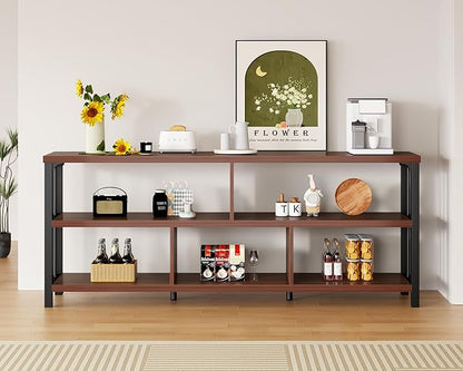 IBF Long Bookshelf, 63” Wide Low Open Book Shelf, Industrial 5 Cube Horizontal Bookcase for Bedroom Home Office, 3 Tier Wood Metal Cubby Storage Organizer Shelf for Living Room, Walnut, 63 Inch
