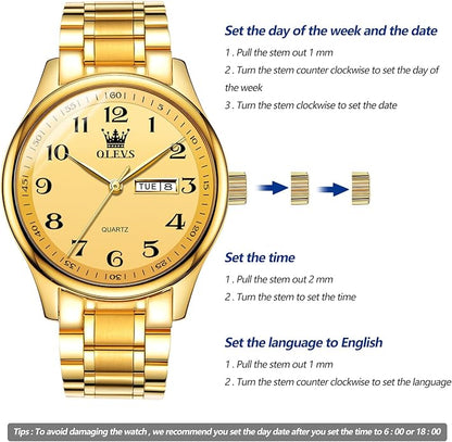 OLEVS Mens Watch Stainless Steel Analog Quartz Watches for Men Day Date Easy Read Diamond Waterproof Dress Luxury Classic Casual Big Face Blue/Black/Gold/Silver Roman Arabic Numerals Men's Wrist Watch