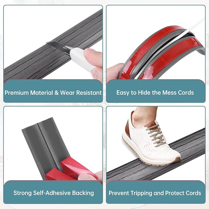 Floor Cord Cover Self Adhesive Cord Hider Floor Extension Cord Covers for Floor Power Cord Protector Cable Management Prevent Cable Trips Cable Cavity 0.51" W x 0.31" H (Deep Grey Wood, 3.3Ft)