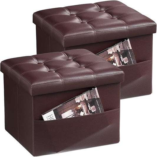 Storage Ottoman Foot Rest Stool, Small Leather Storage Ottomans Bench, Folding Footstool with Side Pockets, Foot Rest Under Desk for Living Room Bedroom, 16x12x12 in, Brown 2 Pack