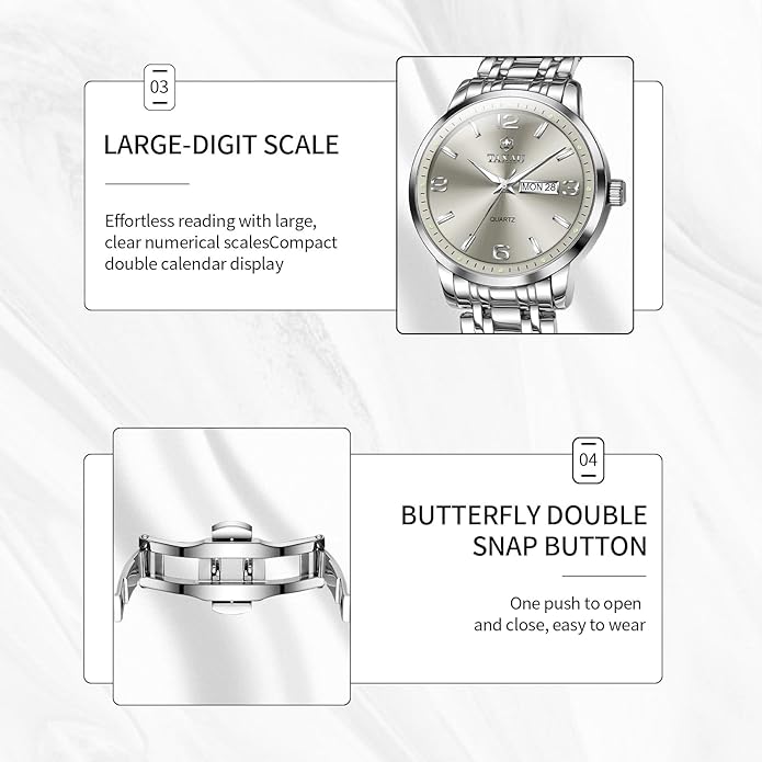 Stainless Steel Mens Watches with Day Date Quartz Analog Large Face Classic Watch Arabic Numerals Dress Luminous Rlojes para Hombres
