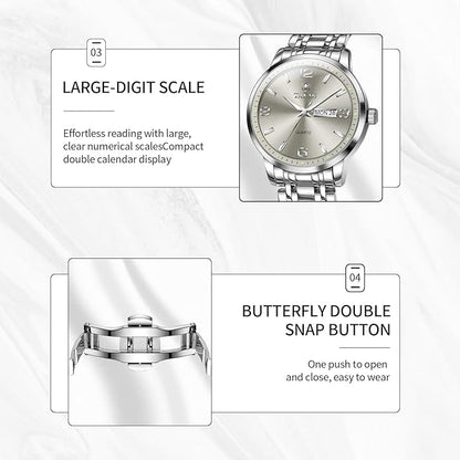 Stainless Steel Mens Watches with Day Date Quartz Analog Large Face Classic Watch Arabic Numerals Dress Luminous Rlojes para Hombres