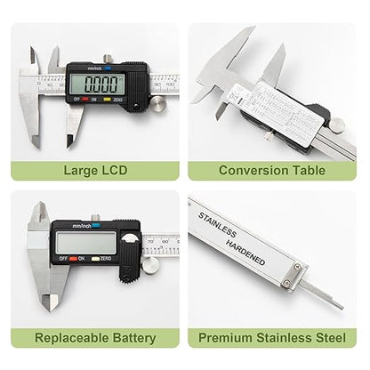 Digital Caliper 0-12" Measuring Tool with Metal Ruler, Micrometer Caliper with Auto-Off Feature, Interchangeable Between inches and millimeters for DIY/Household and 3D Printing, Black