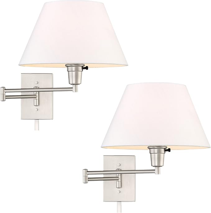 Kira Home Cambridge 15" Swing Arm Wall Lamp - Plug in/Wall Mount + White Fabric Shade, 150W 3-Way + Cord Covers, Satin Nickel Finish, 2-Pack