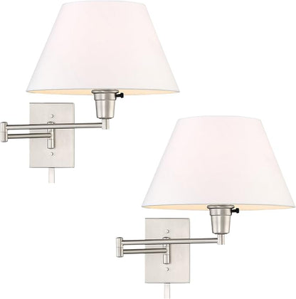 Kira Home Cambridge 15" Swing Arm Wall Lamp - Plug in/Wall Mount + White Fabric Shade, 150W 3-Way + Cord Covers, Satin Nickel Finish, 2-Pack